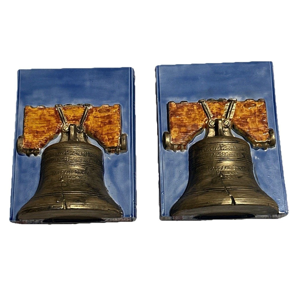 Pair of Ceramic Bookends Vintage 1975 Duncan Ceramics Liberty Bell Blue